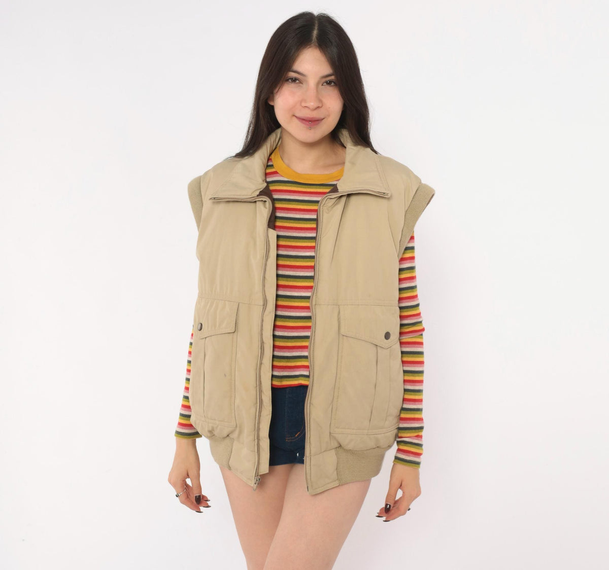 70s Natural High Down Bomber Jacket Convertible Zip-Off Sleeves Tan Medium