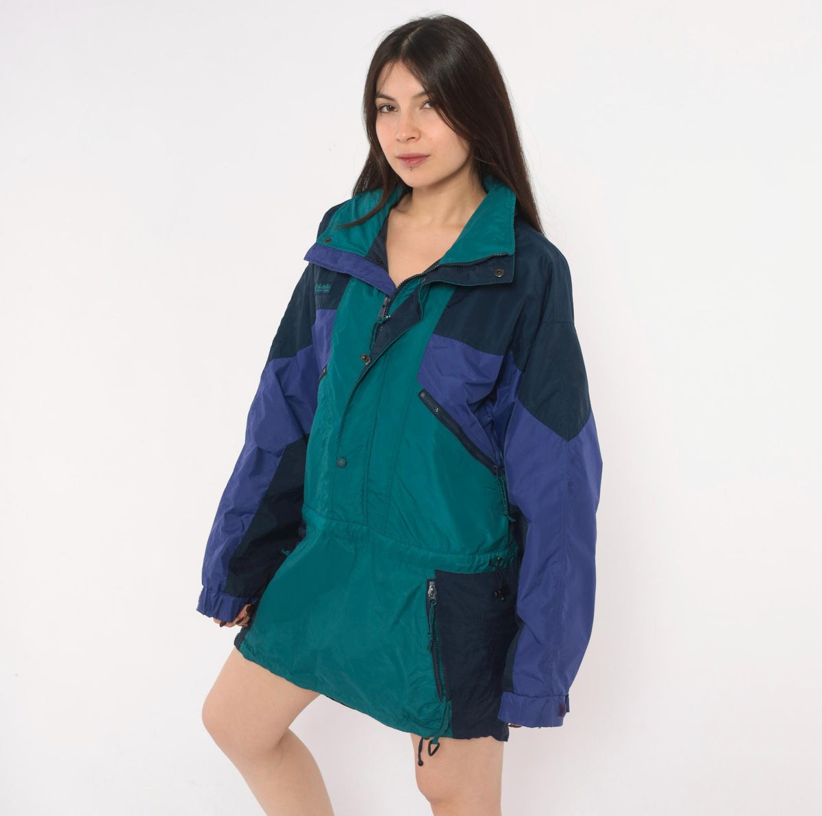 90s Columbia Anorak Navy Teal Purple Color Block Windbreaker Half Zip Small