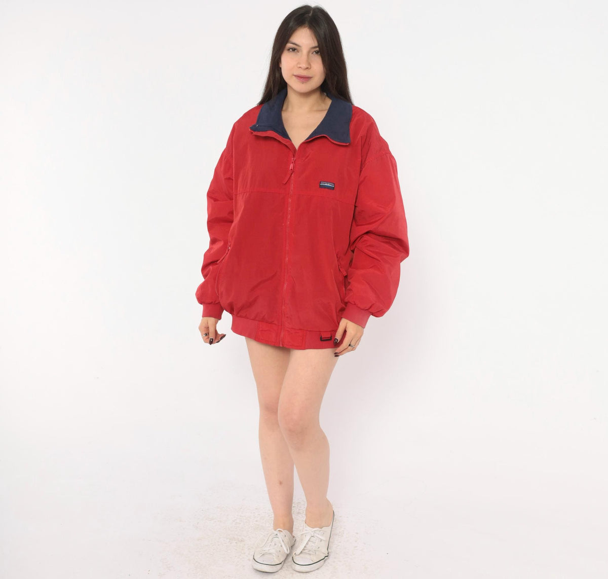 90s White Sierra Red Bomber Jacket Navy Fleece Lined Windbreaker Large L