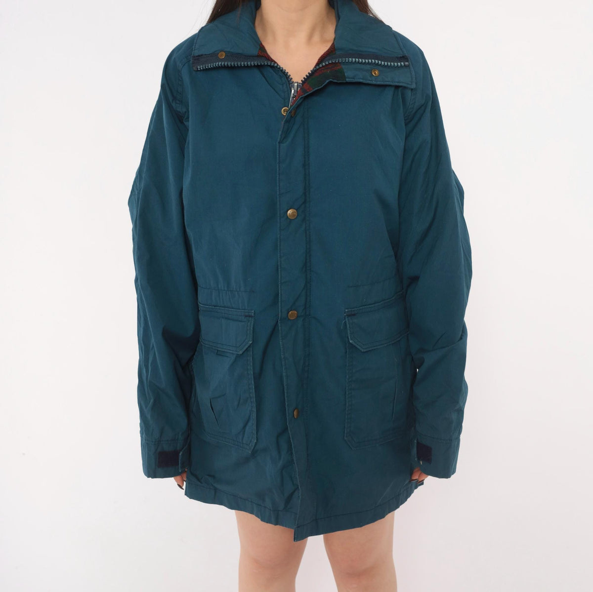 80s Woolrich Navy Barn Jacket Plaid Flannel Lined Raglan Medium