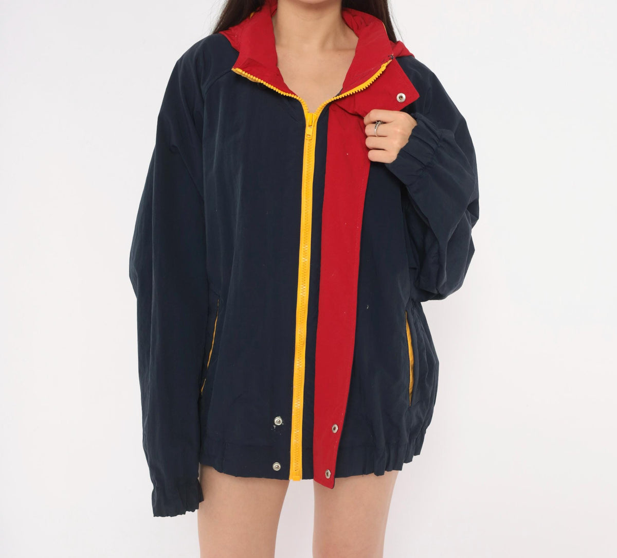 90s Croft & Barrow Navy Windbreaker Hooded Jacket Color Block Red Yellow Extra Large