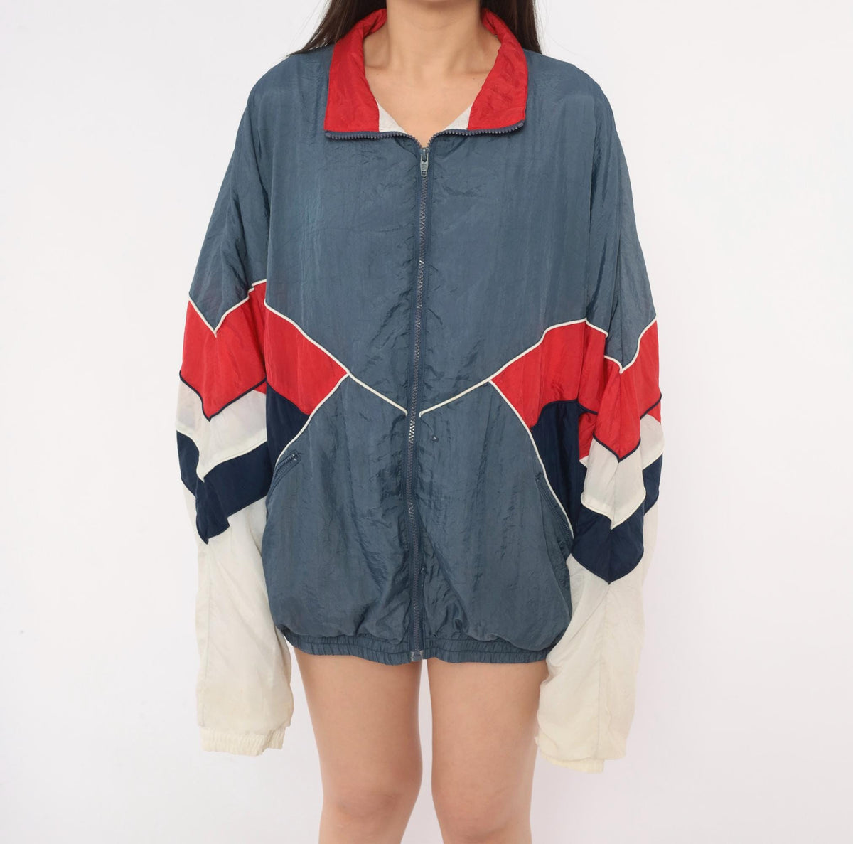 90s Avait Sportif Windbreaker Jacket Colour Block Chevron Blue Navy Cream Extra Large