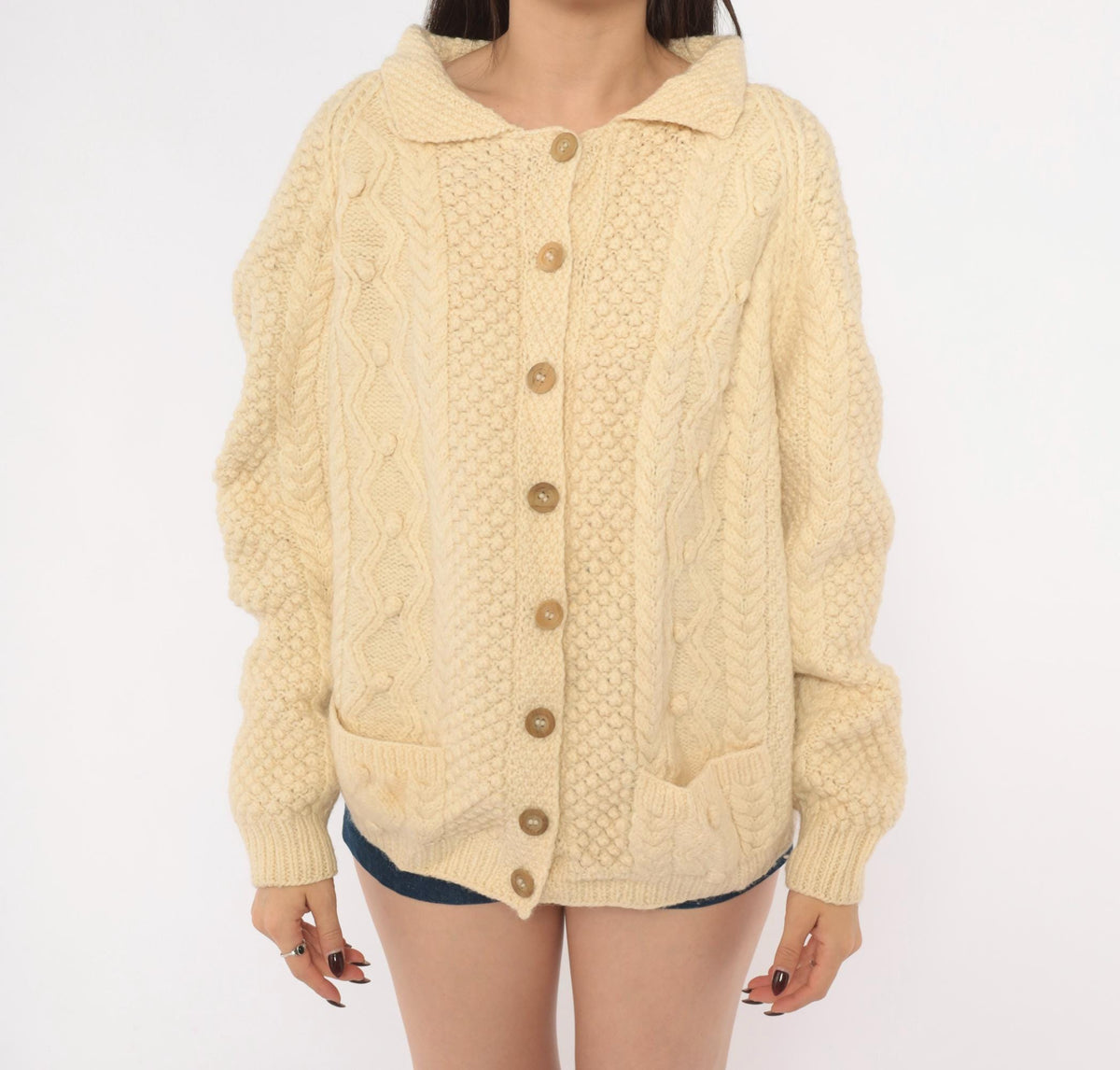 80s Cream Cable Knit Wool Cardigan Fisherman Collar Button Front Large L