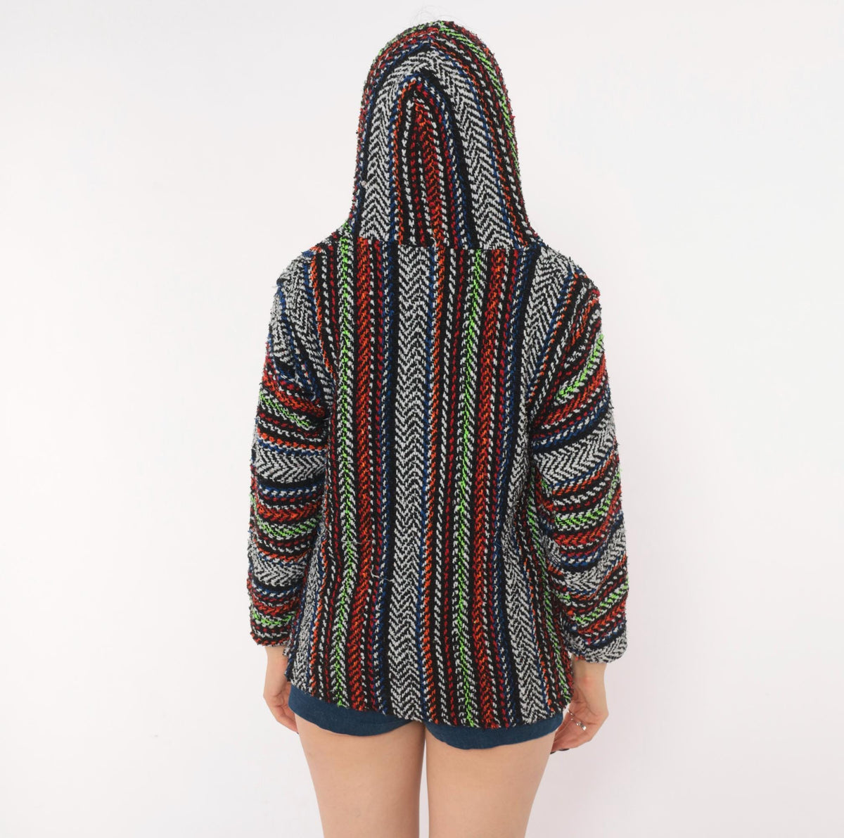 90s Earth Ragz Baja Hoodie Black Rainbow Striped Woven Pullover Extra Small XS