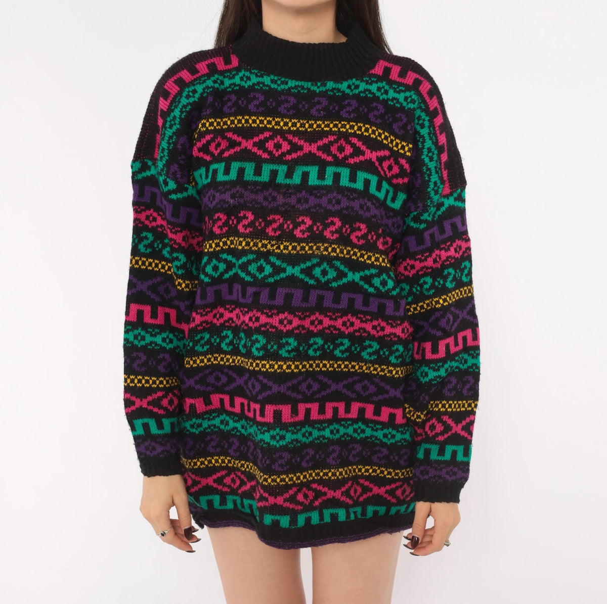 90s Private Eyes Fair Isle Sweater Black Rainbow Geometric Knit Large L