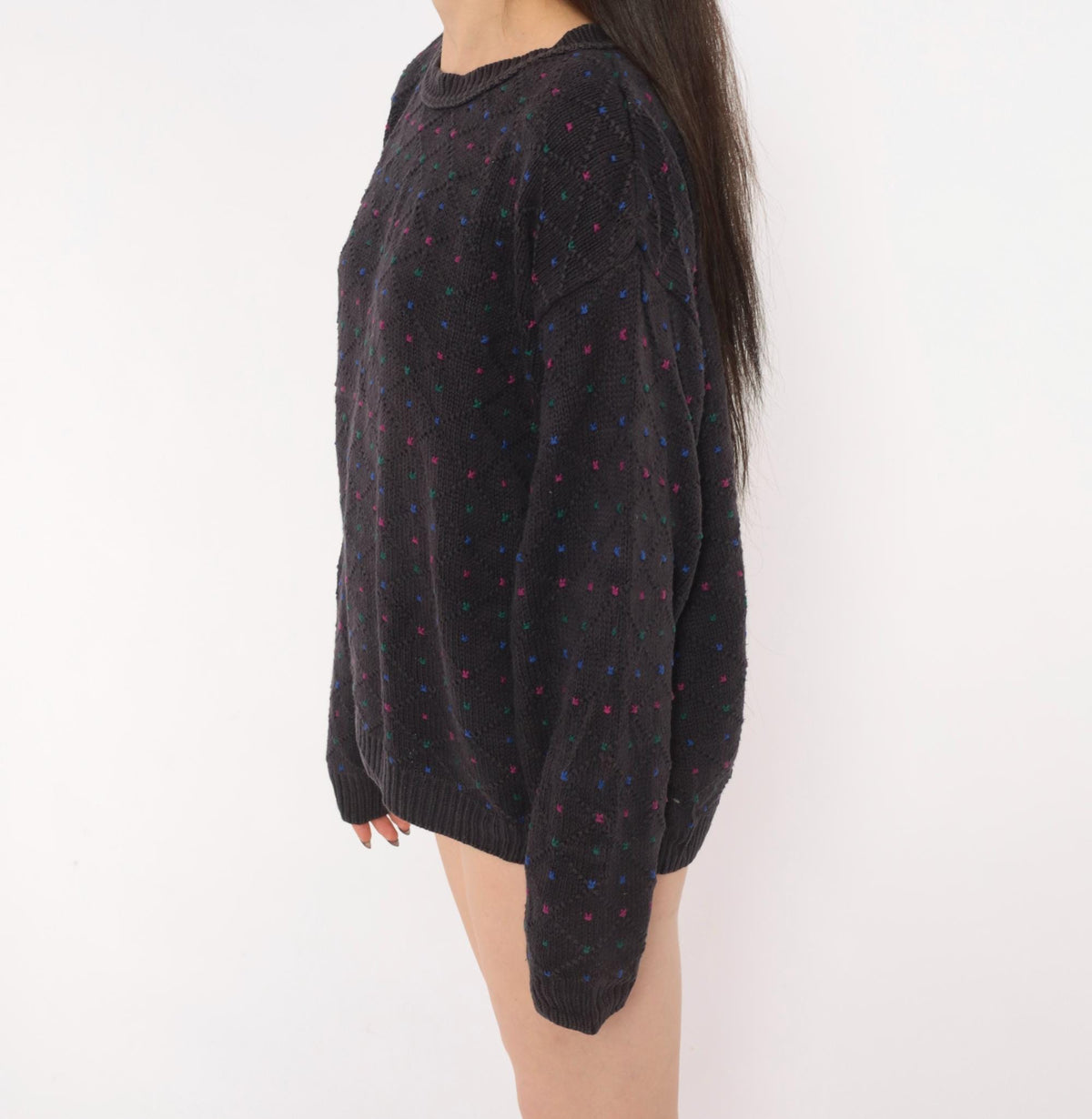 80s Eddie Bauer Cotton Knit Pullover Navy Diamond Pattern Medium