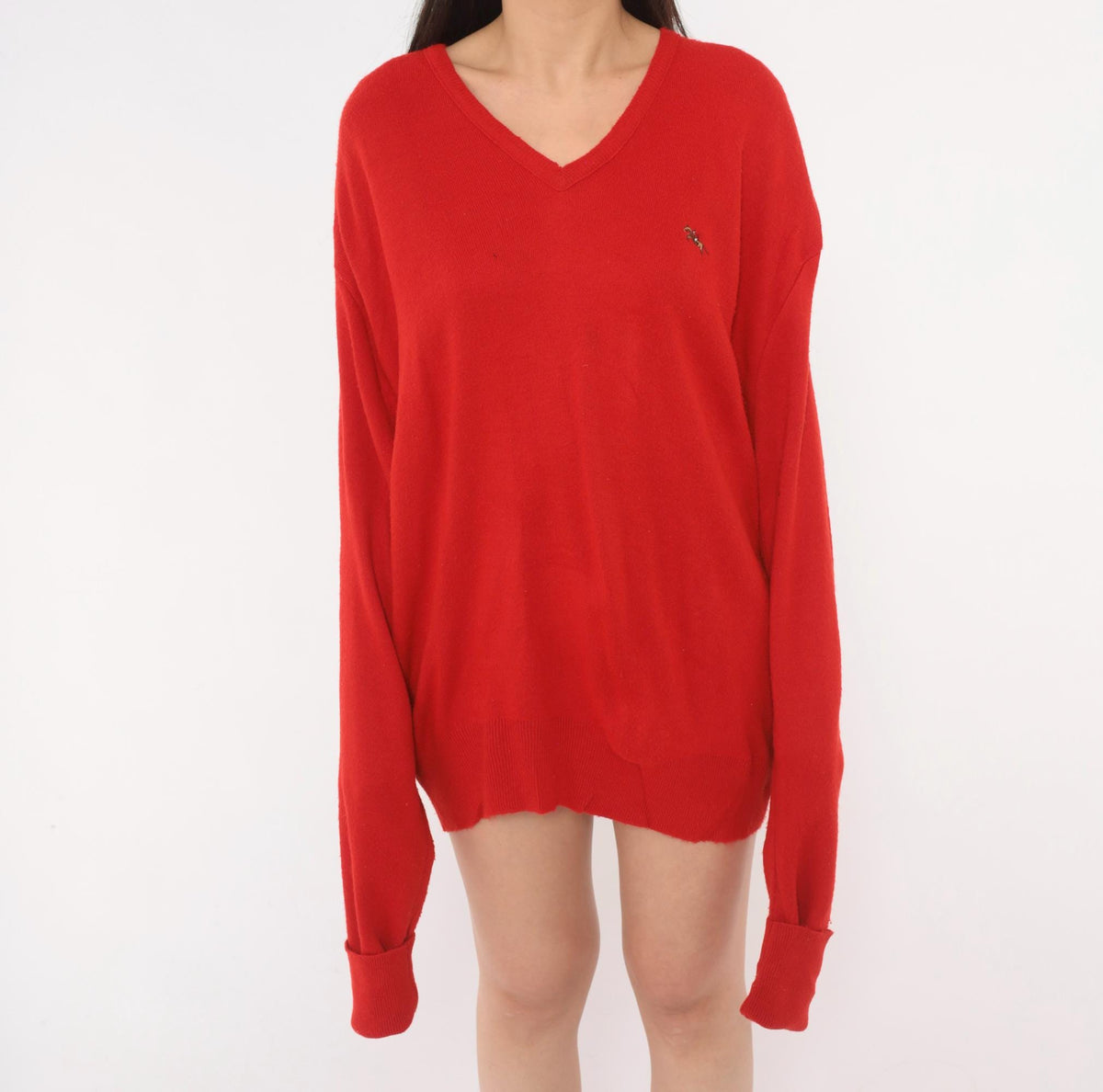 80s Steeplechase Red V-Neck Sweater Embroidered Horse Equestrian Knit Large