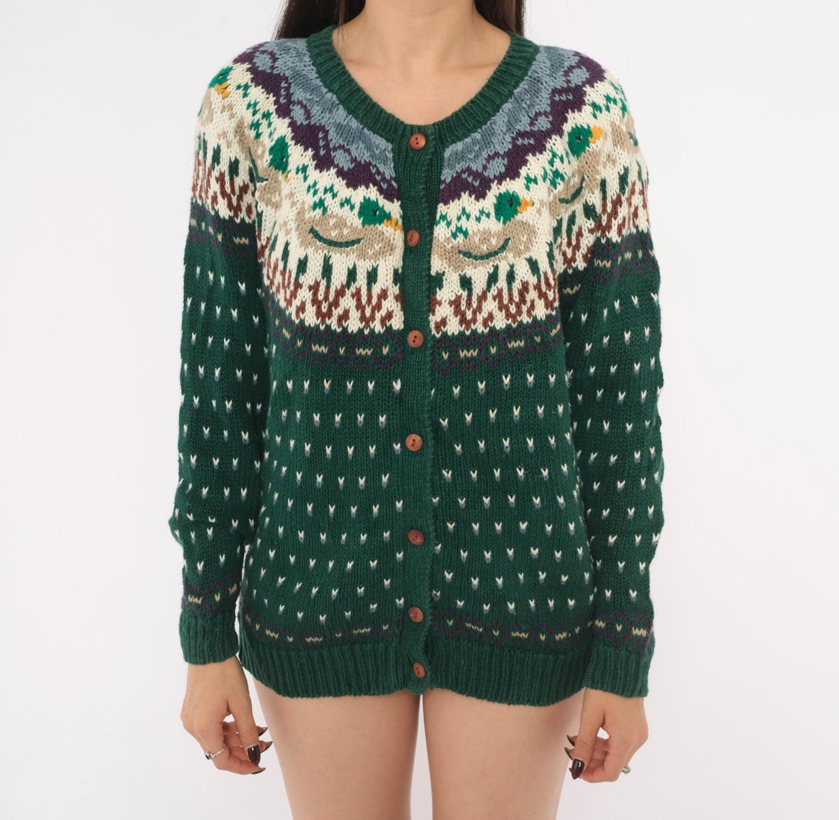 90s Northern Isles Fair Isle Cardigan Mallard Duck Forest Green Medium