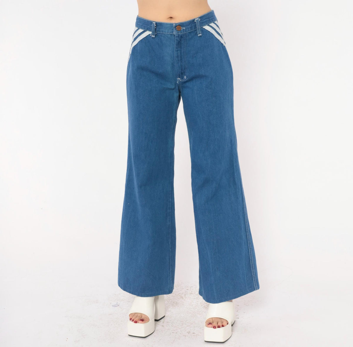 70s Viceroy Sportswear Bell Bottom Jeans Blue Denim White Stripe Medium