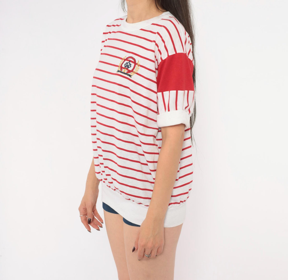 80s Golden Plaza Nautical Striped Tee Red White Embroidered Crest Large
