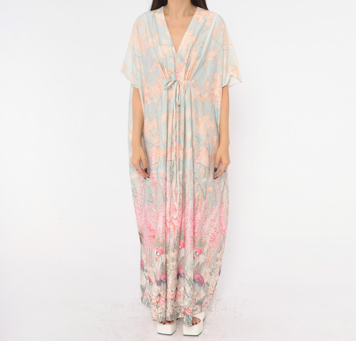 70s T.V. Sangers Crane Bird Caftan Maxi Dress Blue Pink Floral Large