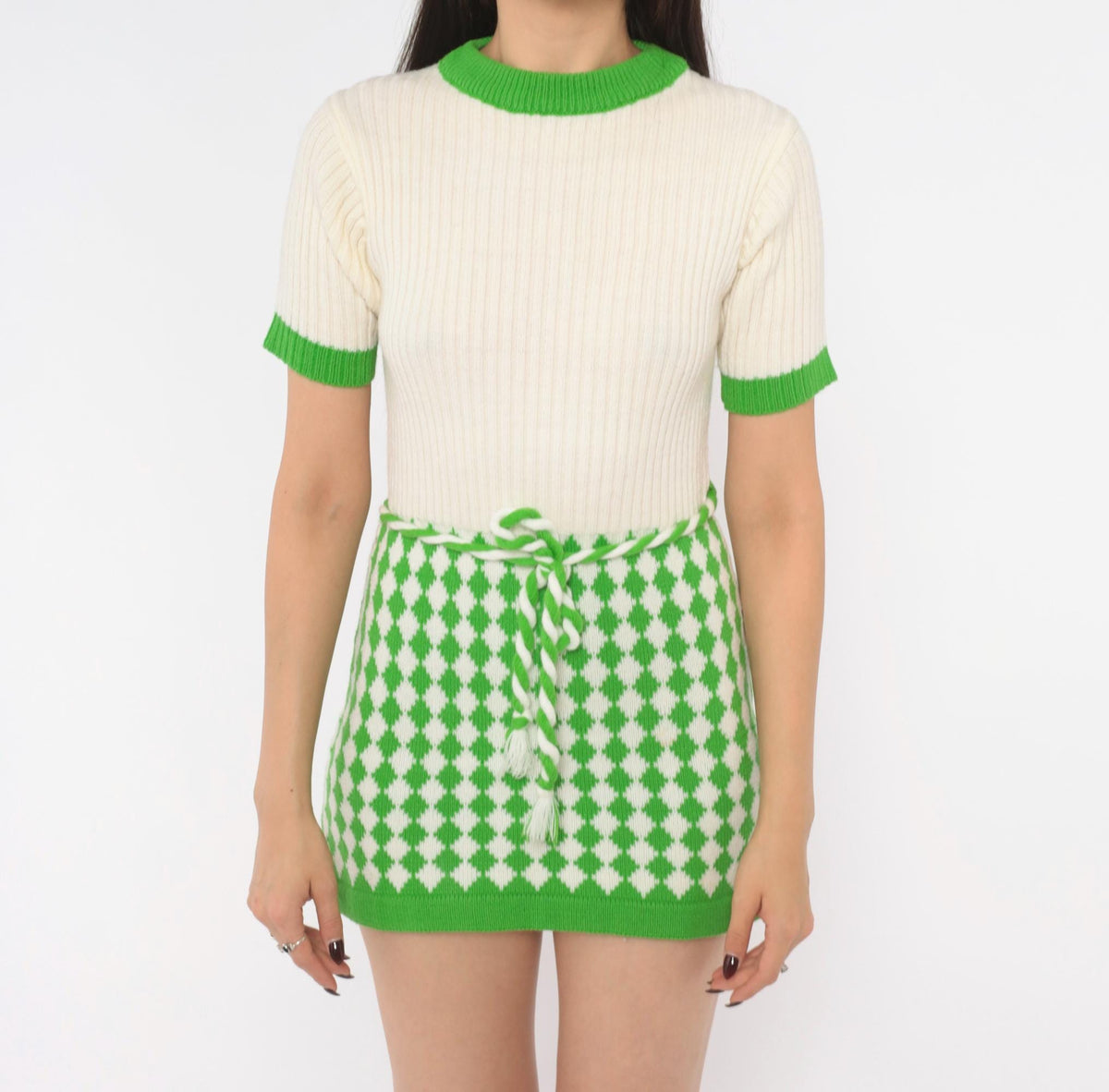 70s Alyssa Knit Mini Dress Green Cream Diamond Argyle Short Sleeve Extra Small XS