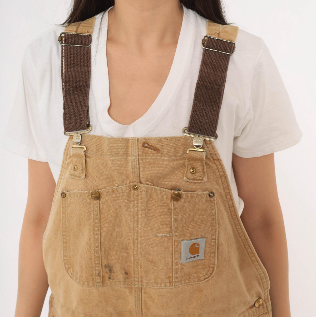 90s Carhartt Tan Duck Canvas Bib Overalls Distressed Workwear Small