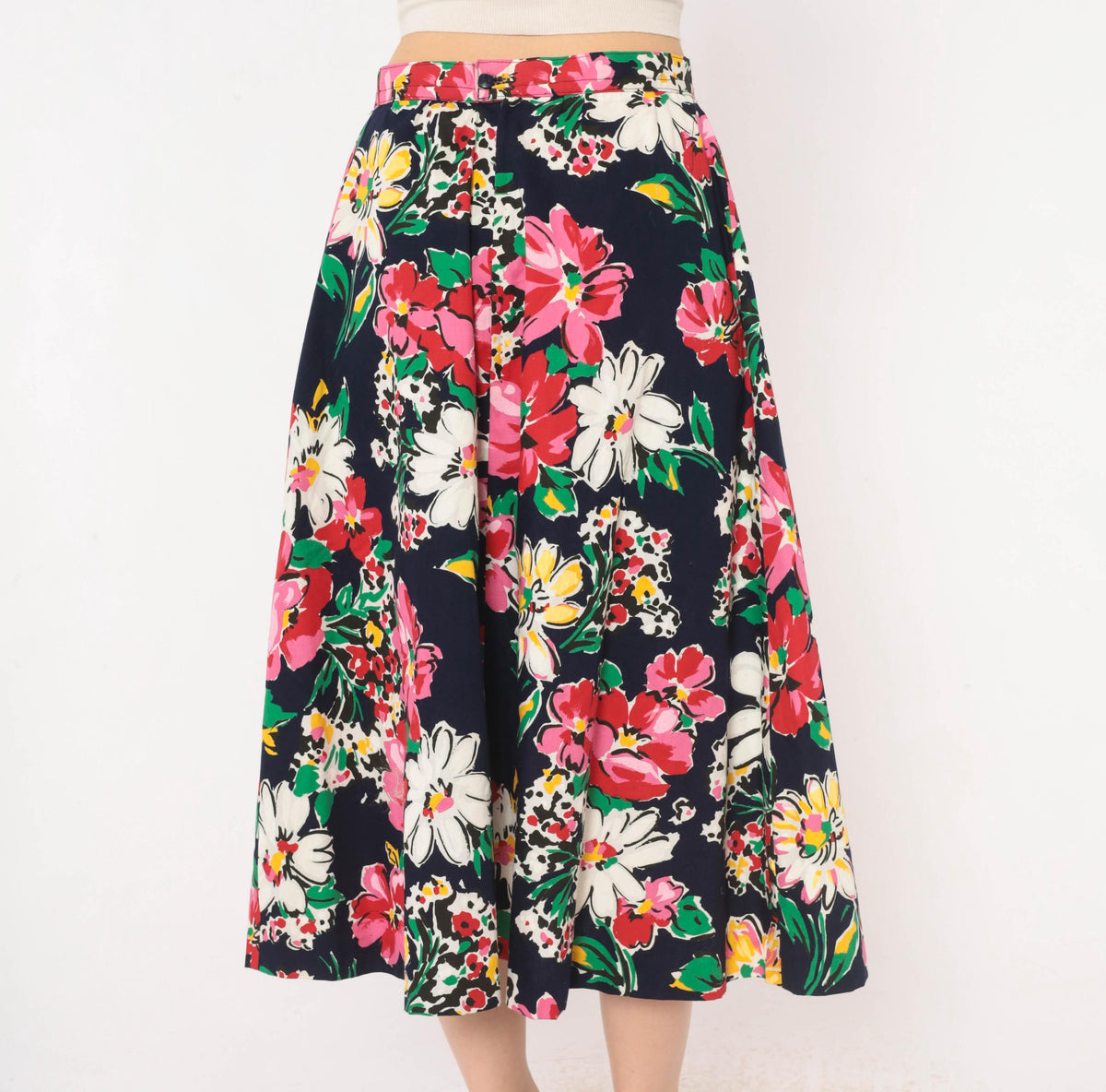 80s Navy Floral Midi Skirt A-Line Daisy Print Cotton Small S