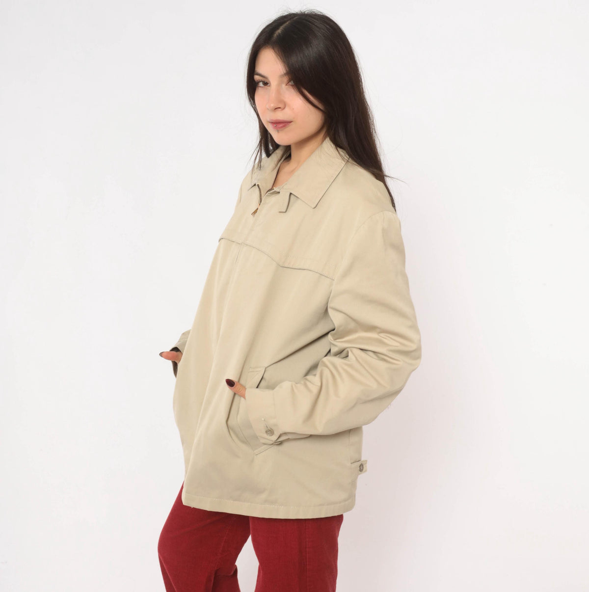 80s Sears Beige Harrington Jacket Western Yoke Pointed Collar Unisex Large
