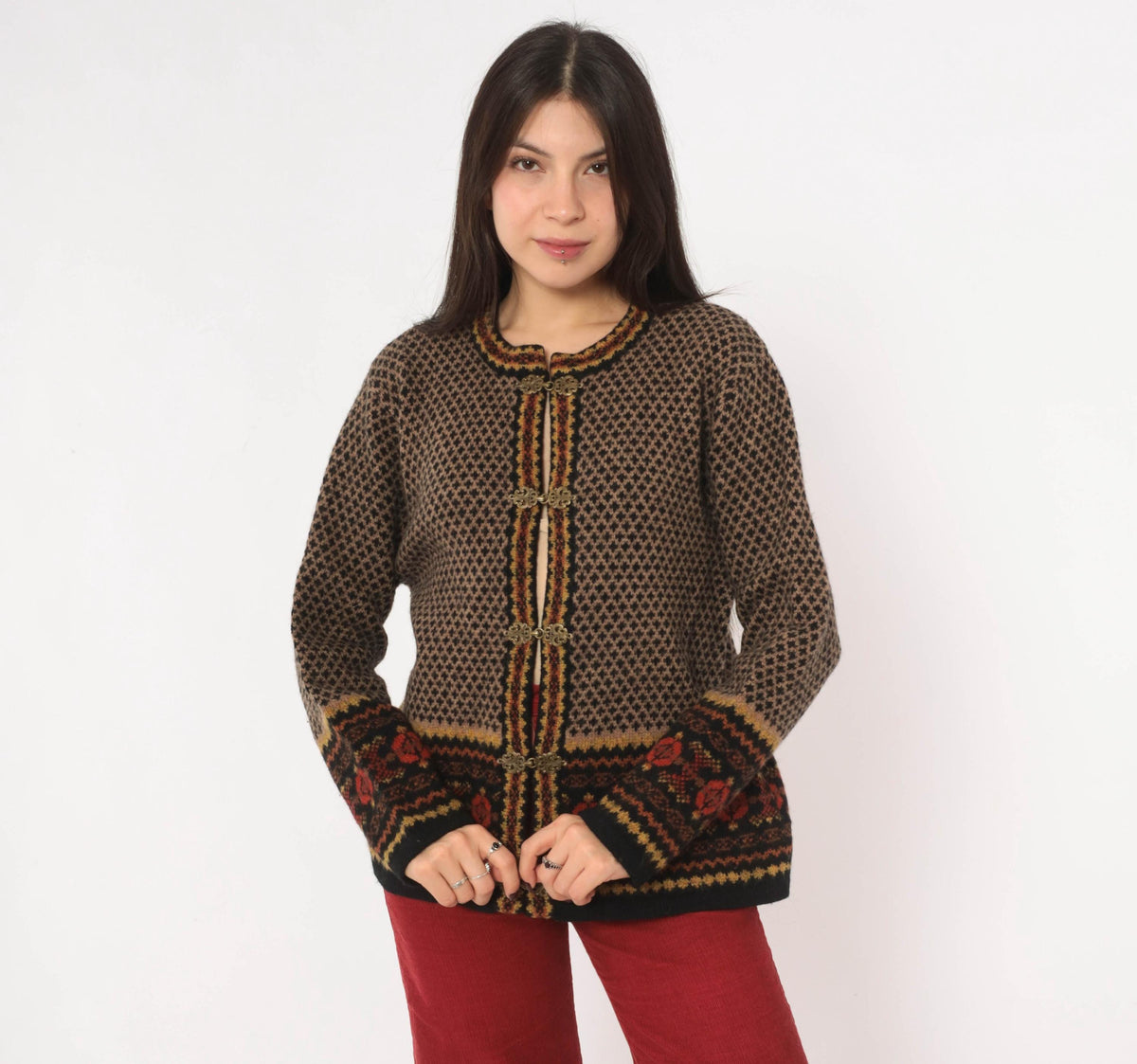 90s Skyr Wool Cardigan Black Tan Fair Isle Nordic Knit Small S