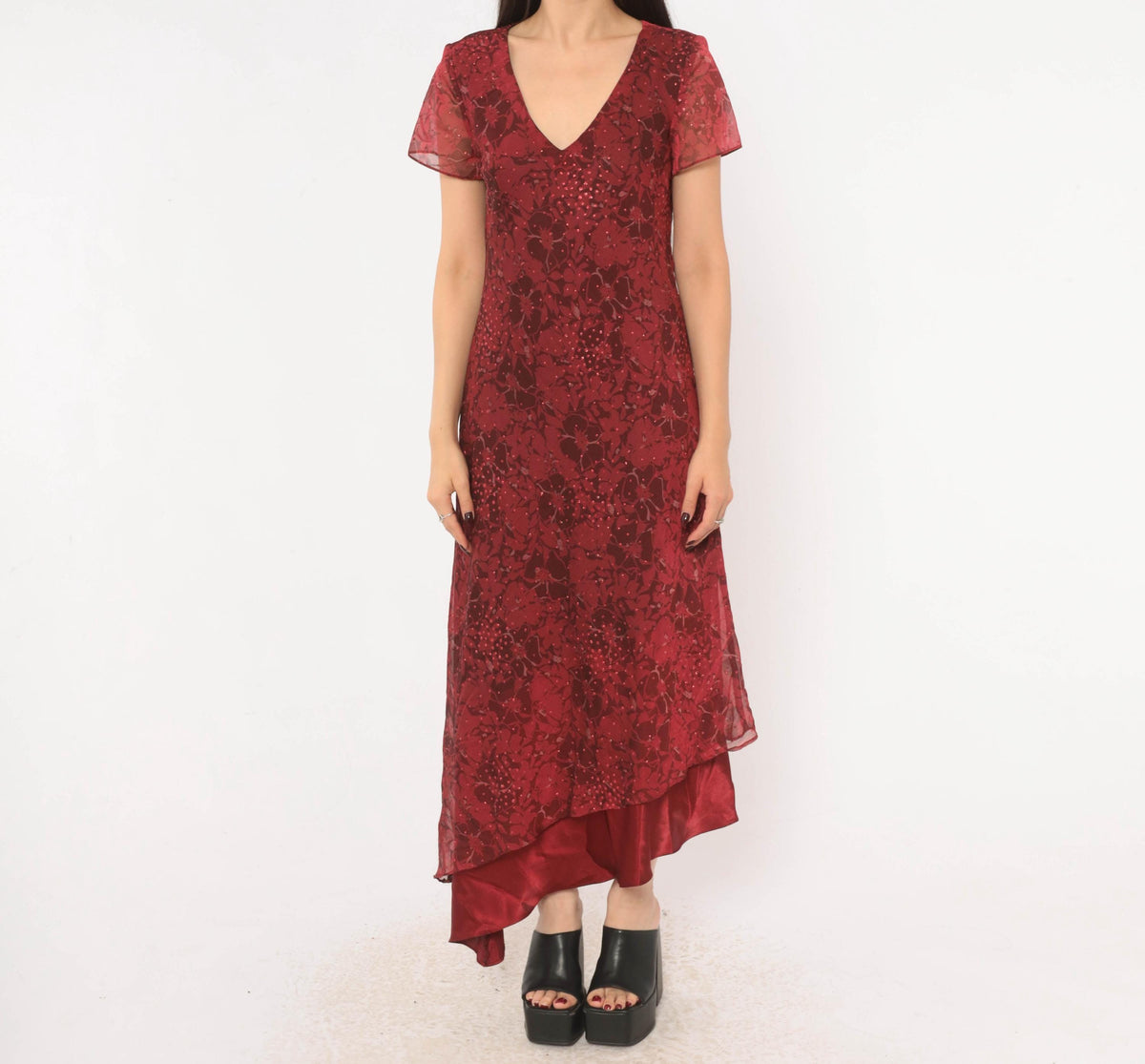 90s Burgundy Floral Midi Dress Positive Attitude Flutter Sleeve Wine Red Medium M