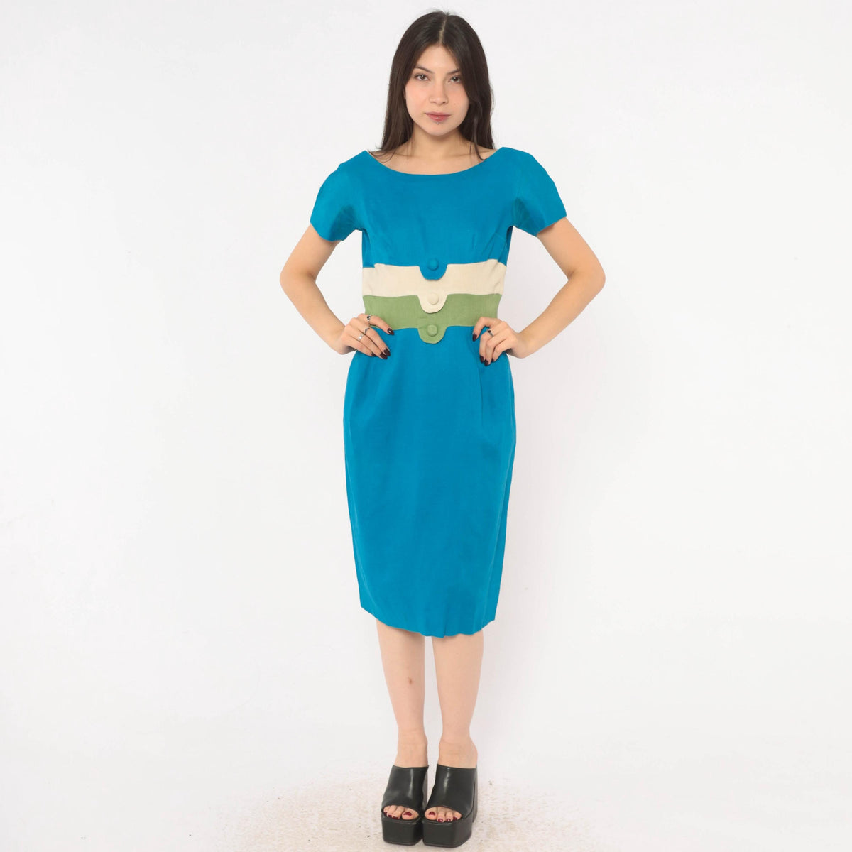 60s Teal Linen Sheath Dress Color Block Cream Olive Boat Neck Small