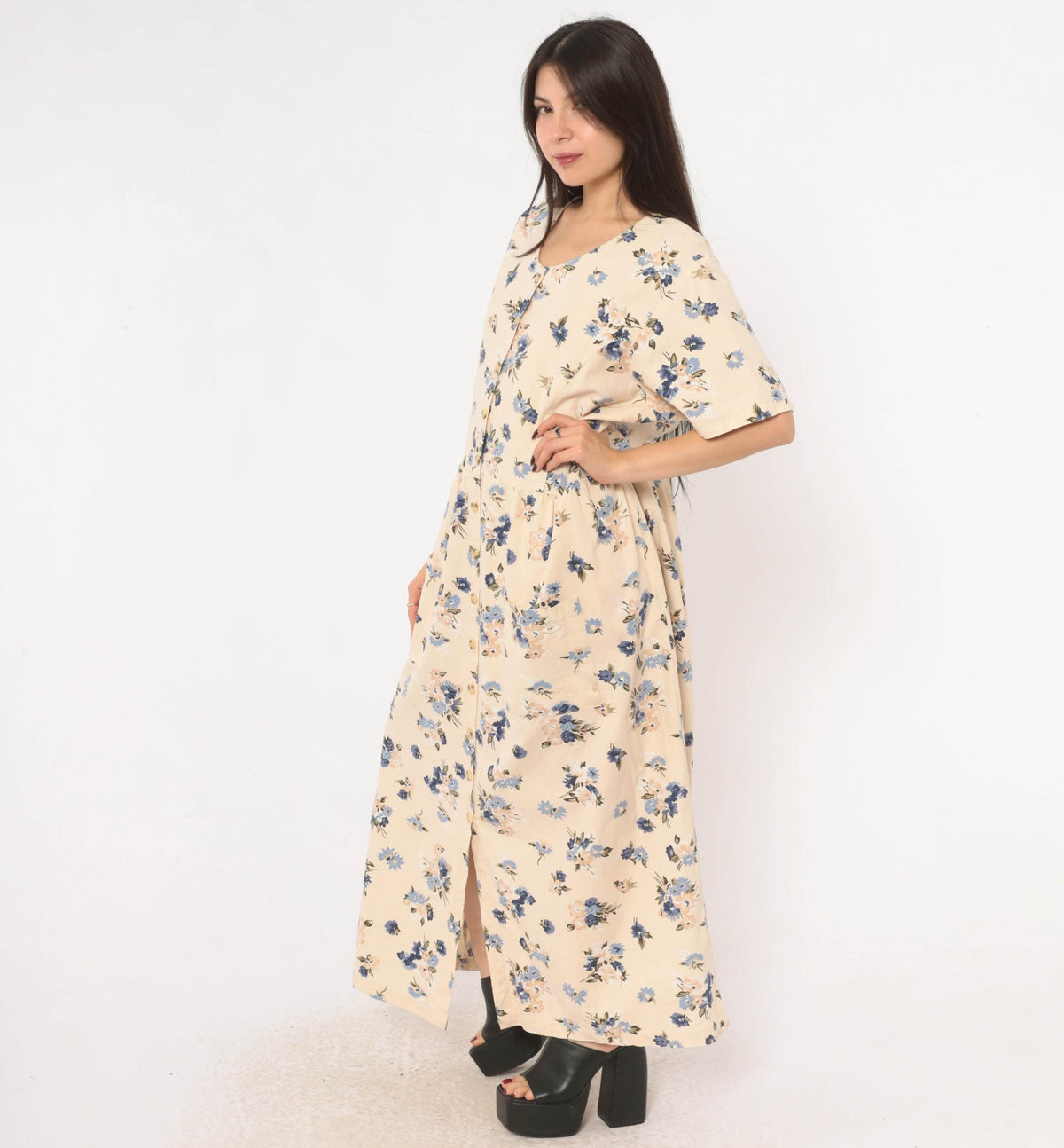 90s Studio C Floral Linen Maxi Dress Cream Navy Plus Size XXL