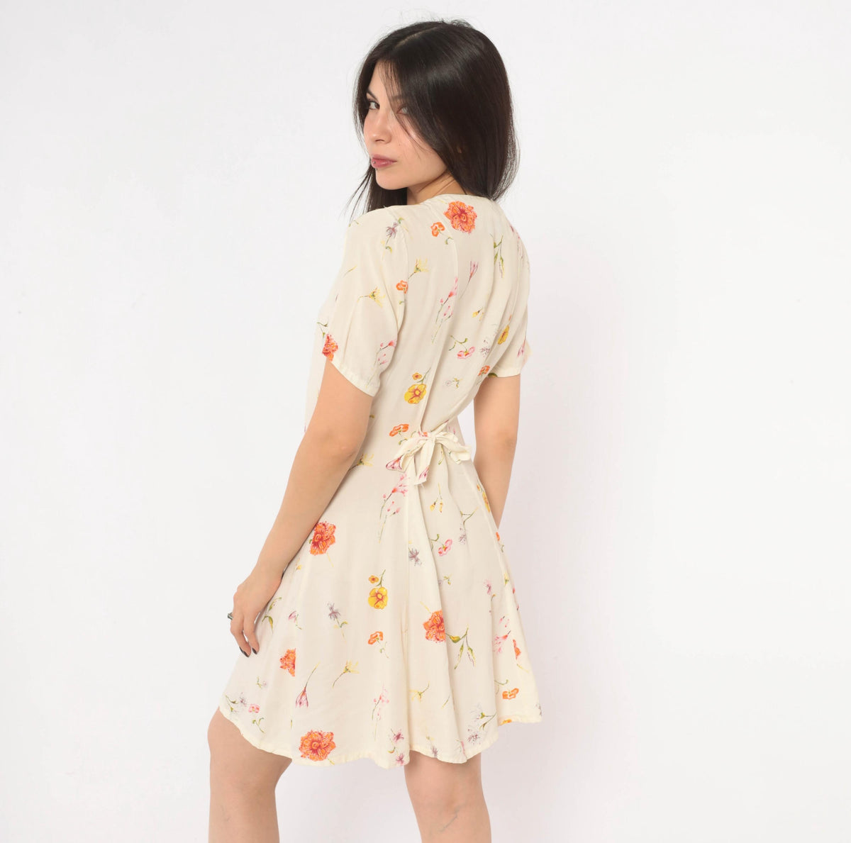 90s Wag Girls Floral Dress Cream Ditsy Print Tie Front Knee Length Extra Small XS