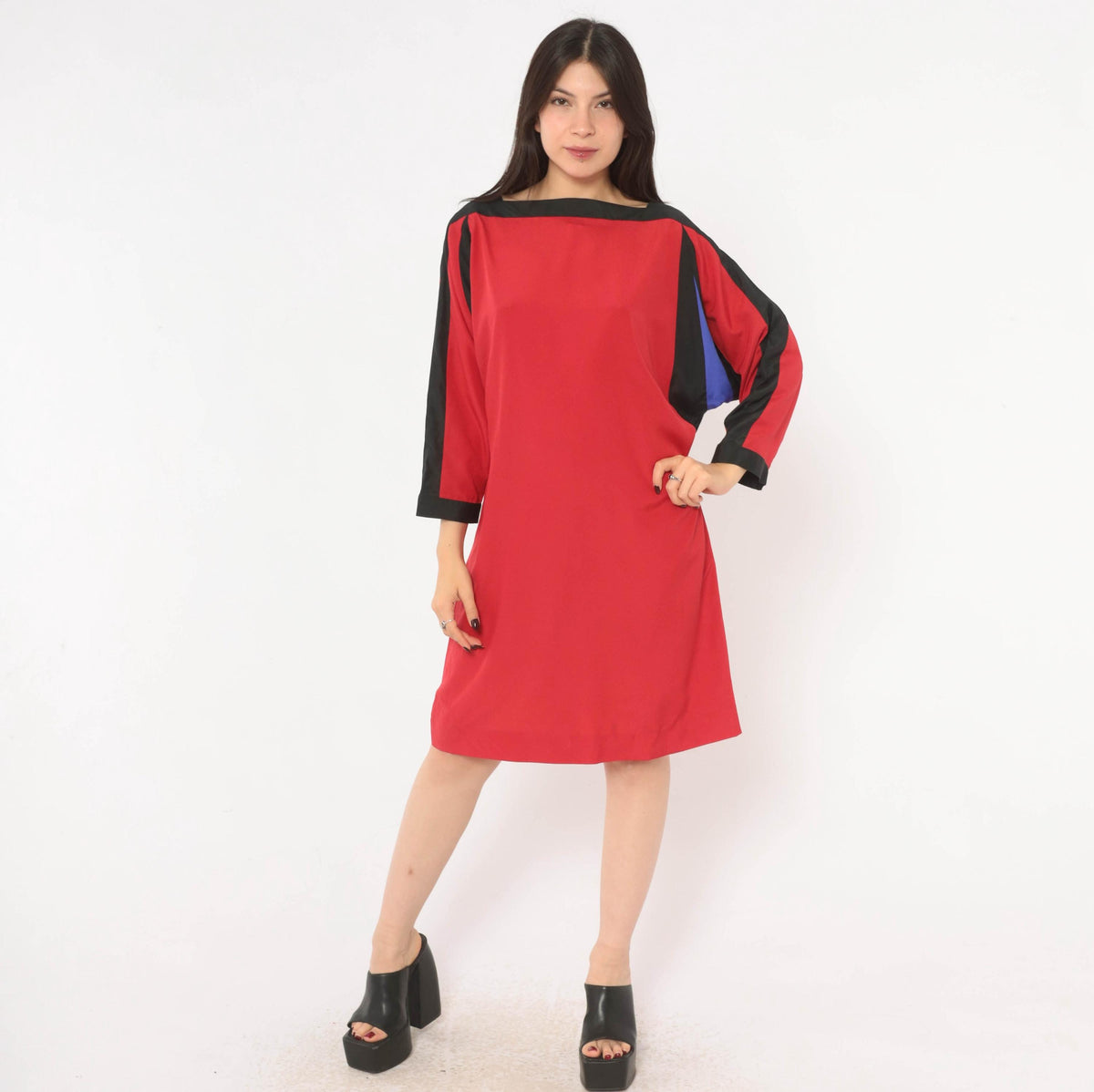 80s Red Color Block Shift Dress Batwing Dolman Sleeve Boat Neck Medium