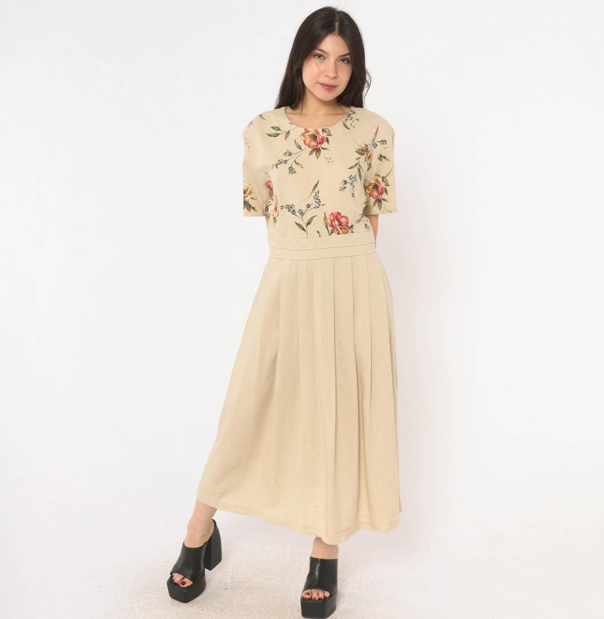 90s Just in Thyme Floral Midi Dress Cream Rose Print A-Line Large L