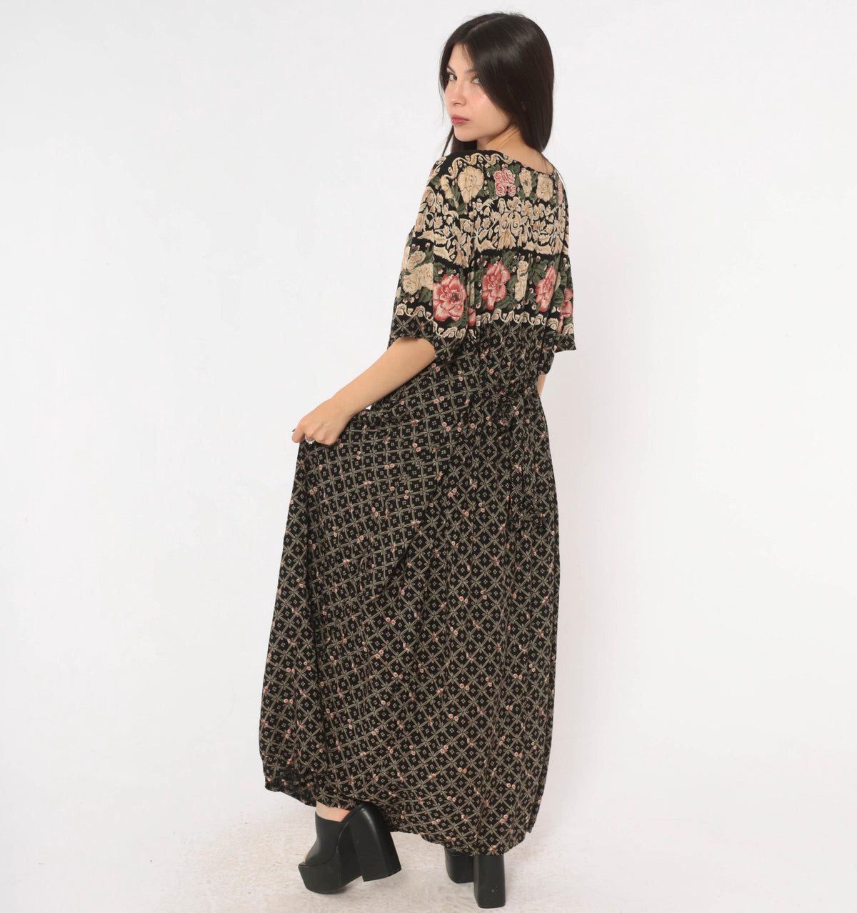 90s Fashion Bug Black Floral Maxi Dress Rose Border Pink Cream Plus Size 3X