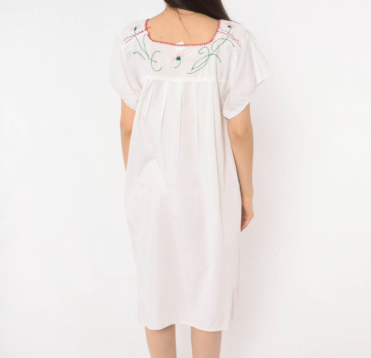 90s Mexican Embroidered Cotton Dress White Floral Puff Sleeve Square Neck Small