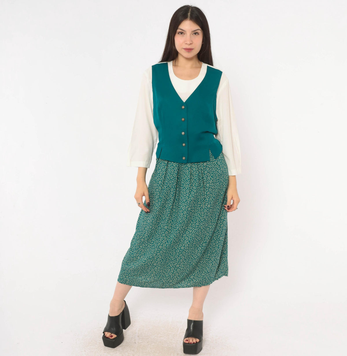 90s Olivia Rose Ditsy Floral Midi Dress Teal Green Vest Bodice Large L