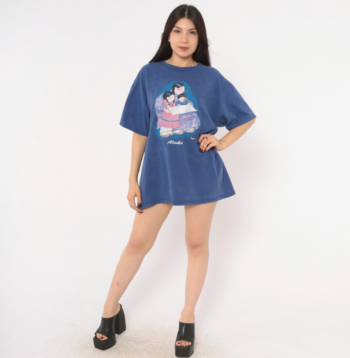 90s Anvil Alaska Graphic Tee Cobalt Blue Cotton Faded Print Extra Large