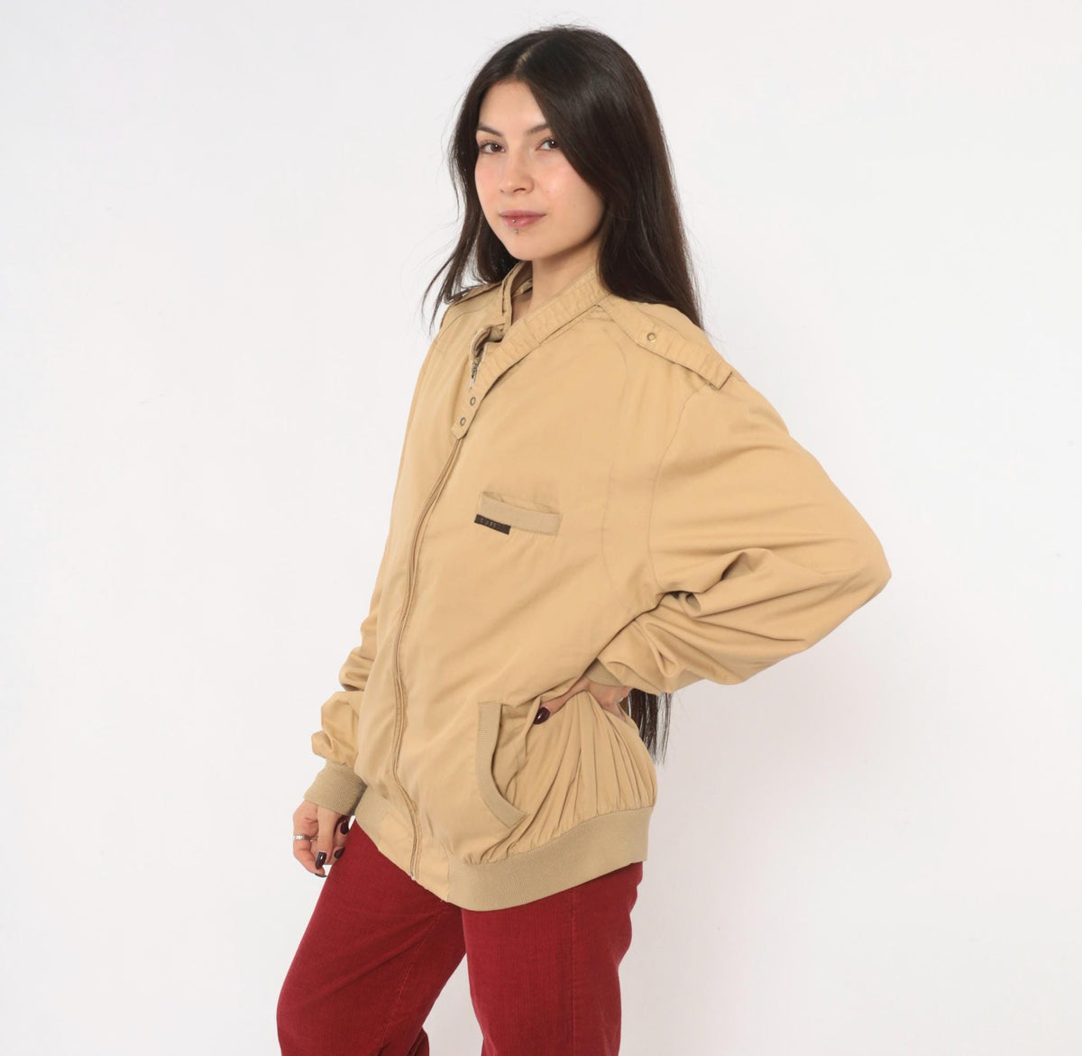 80s Members Only Bomber Jacket Beige Tan Snap Collar Raglan Extra Large