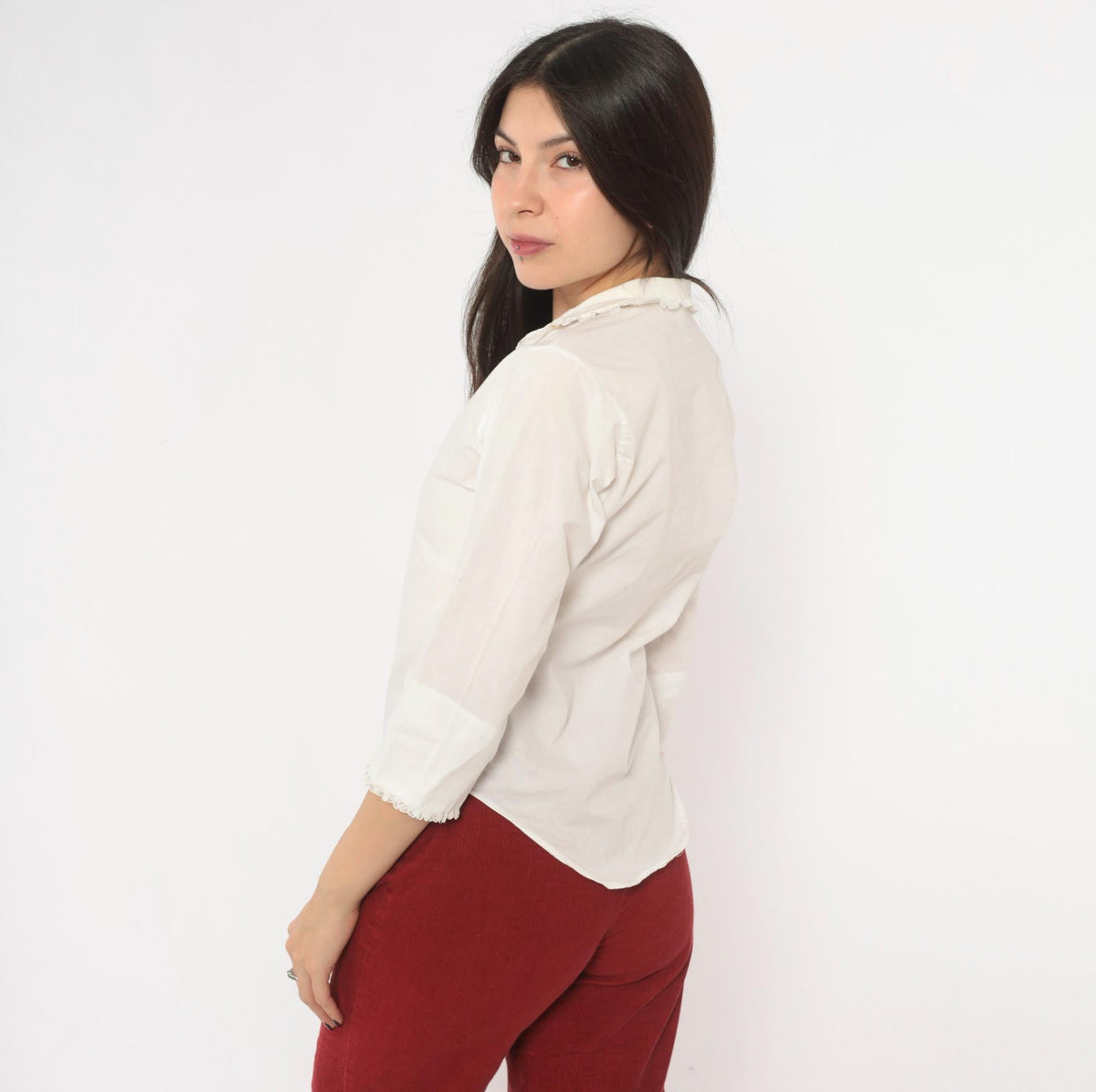 70s Lady Manhattan White Cotton Blouse Lace Trim V Neck Three Quarter Sleeve Extra Small