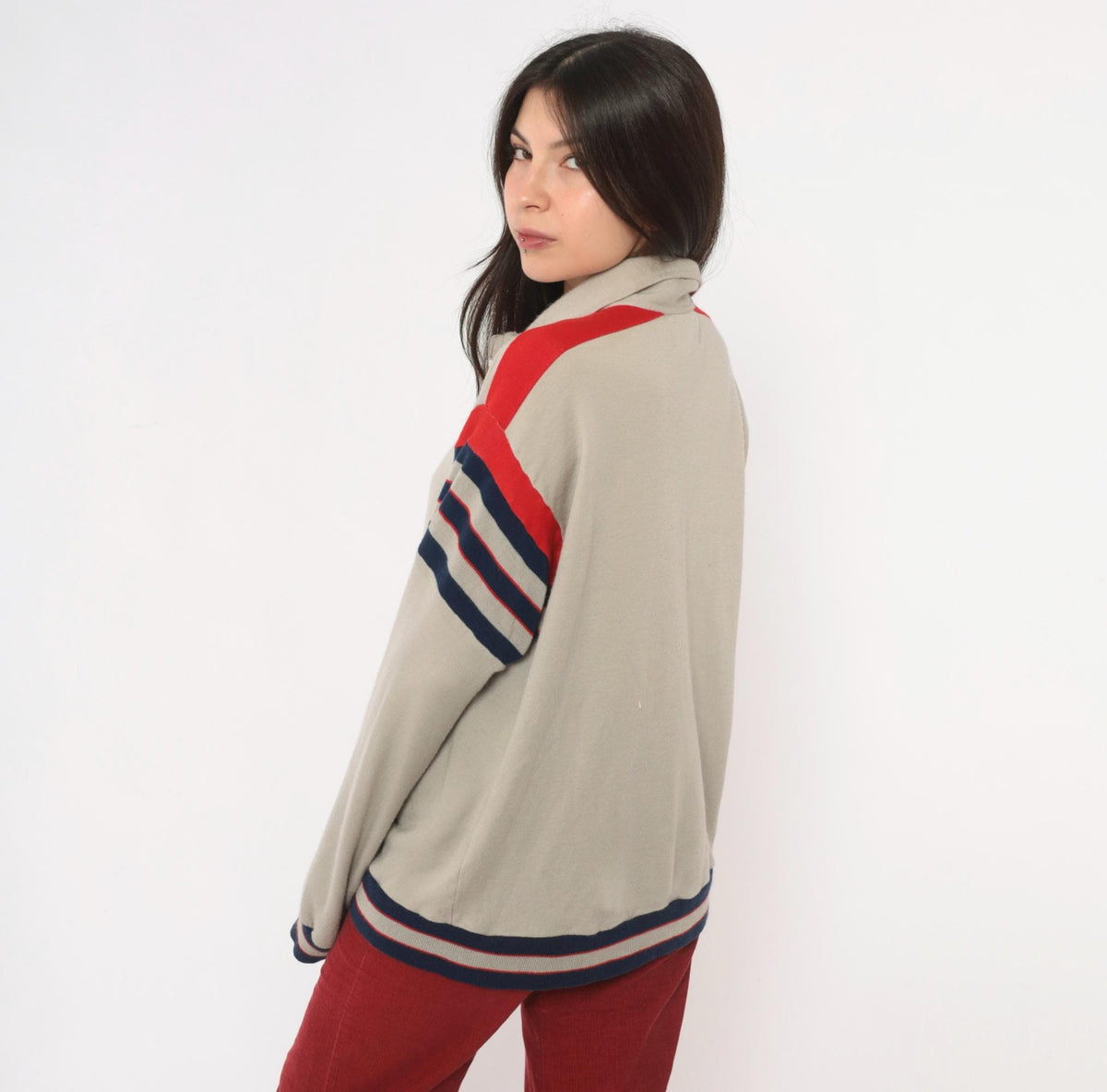 80s Track & Court Zip Jacket Grey Navy Red Stripe Bomber Medium