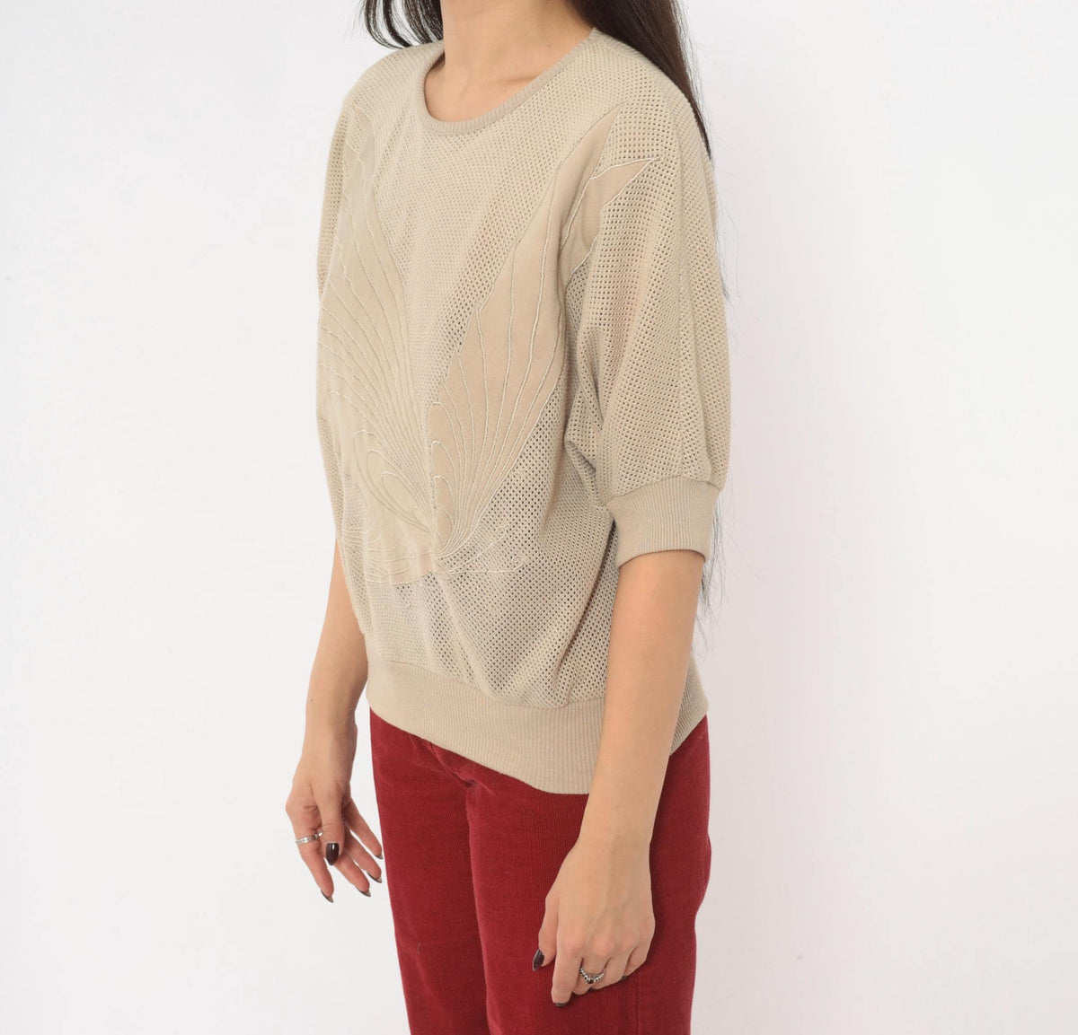 80s Stephanie Beige Mesh Knit Top Dolman Batwing Butterfly Appliqué Medium