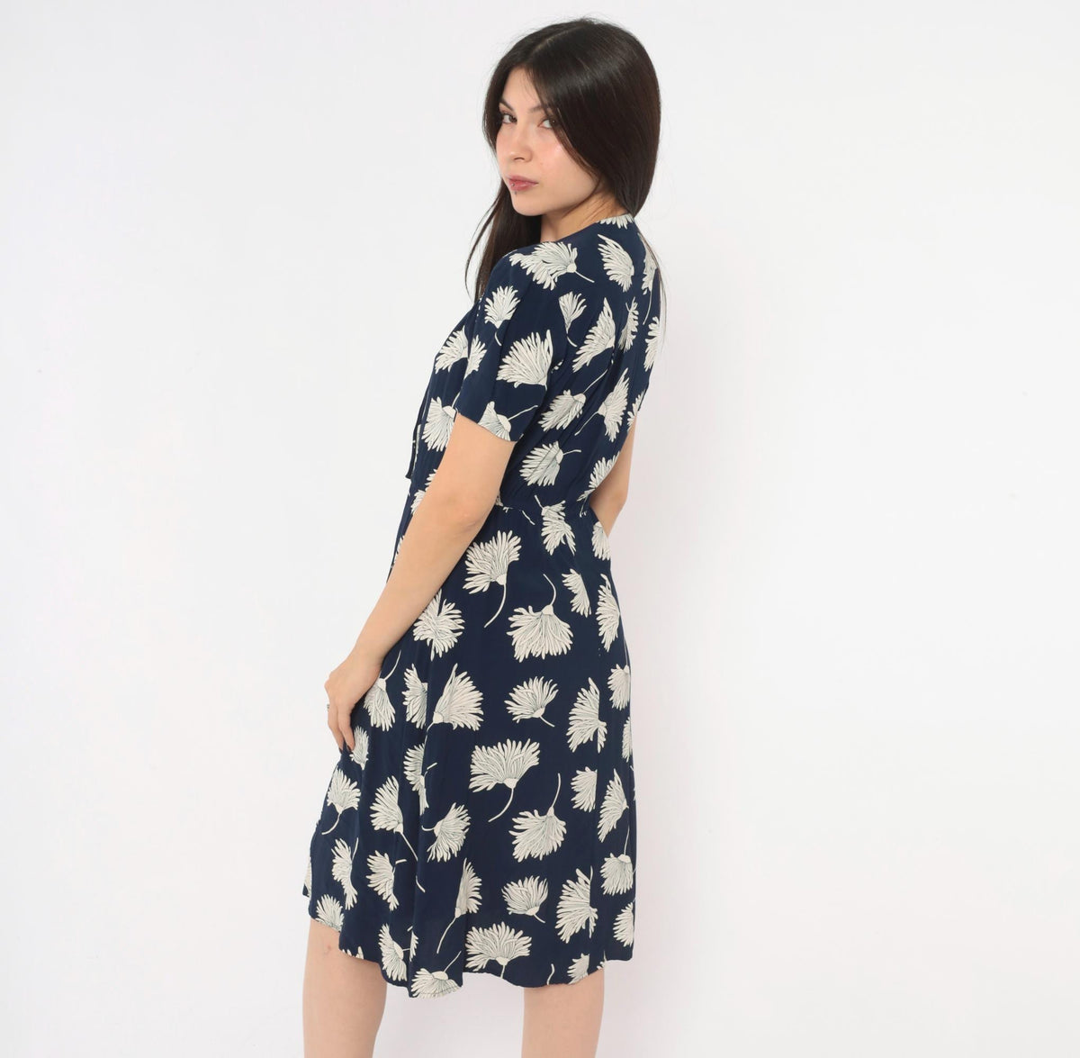 90s Liz Claiborne Navy Floral Dress White Daisy Print Puff Sleeve Small S