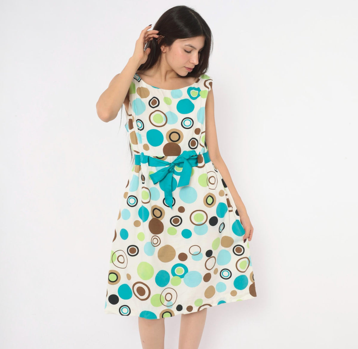 90s Jessica Howard White Polka Dot Sundress Teal Green Brown Knee-Length Large L