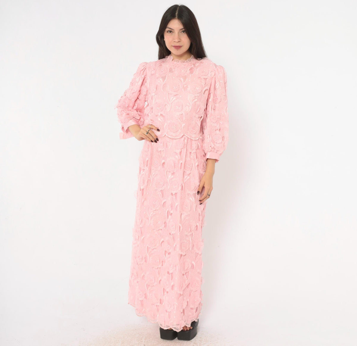 80s Bernadette Designs Pink Maxi Dress Floral Embroidered Puff Sleeve Large L