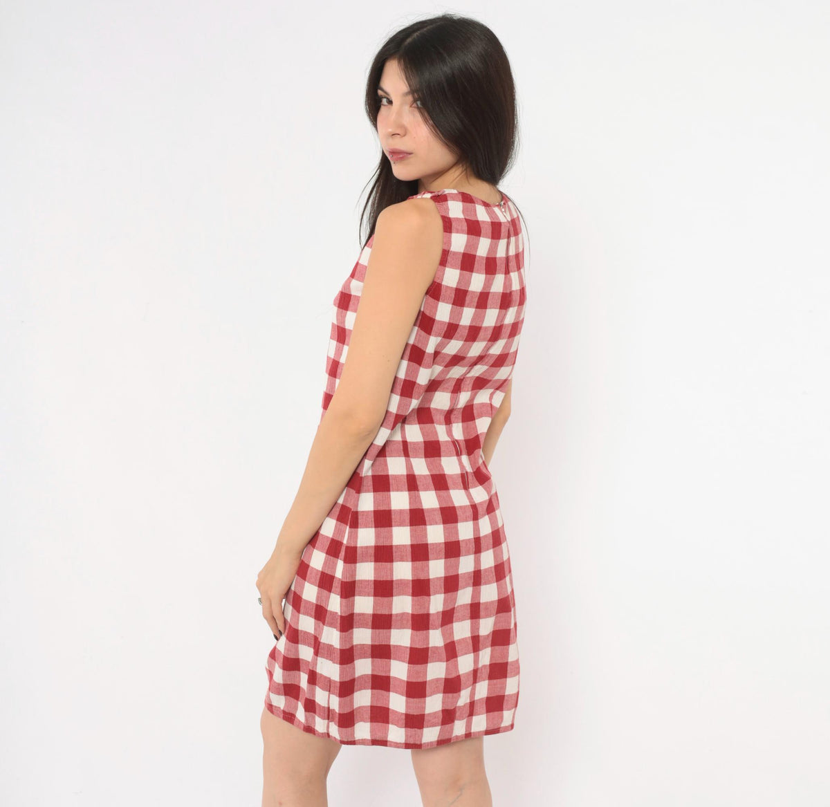Y2K Red Gingham Sleeveless A-Line Dress Knee Length Medium M