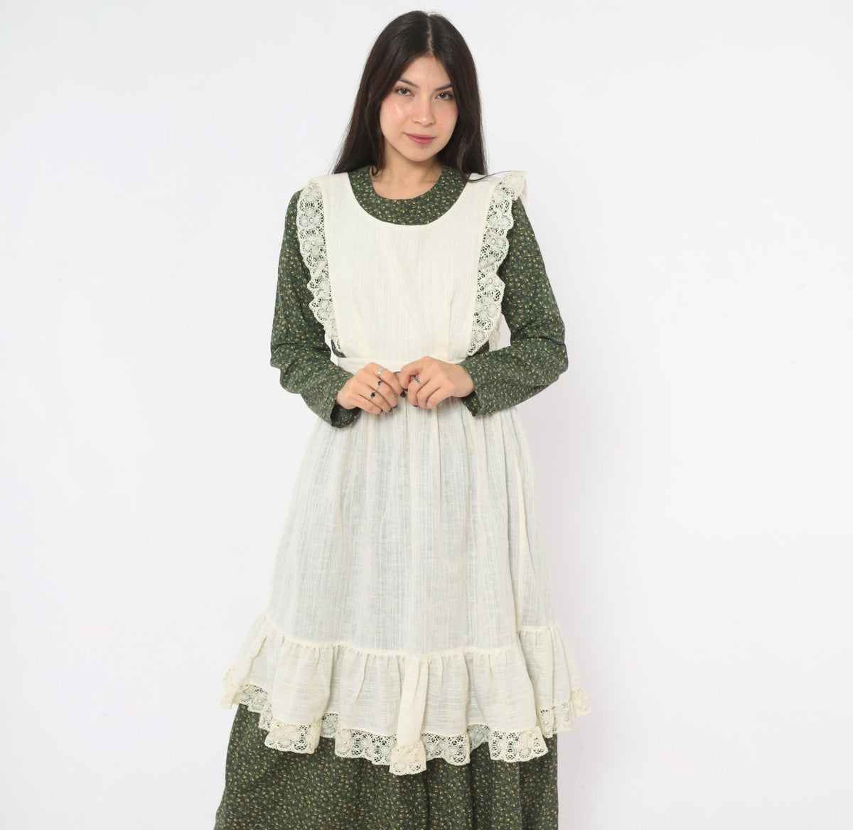 70s Cream Linen Pinafore Apron Dress Crochet Lace Ruffle Tie Back