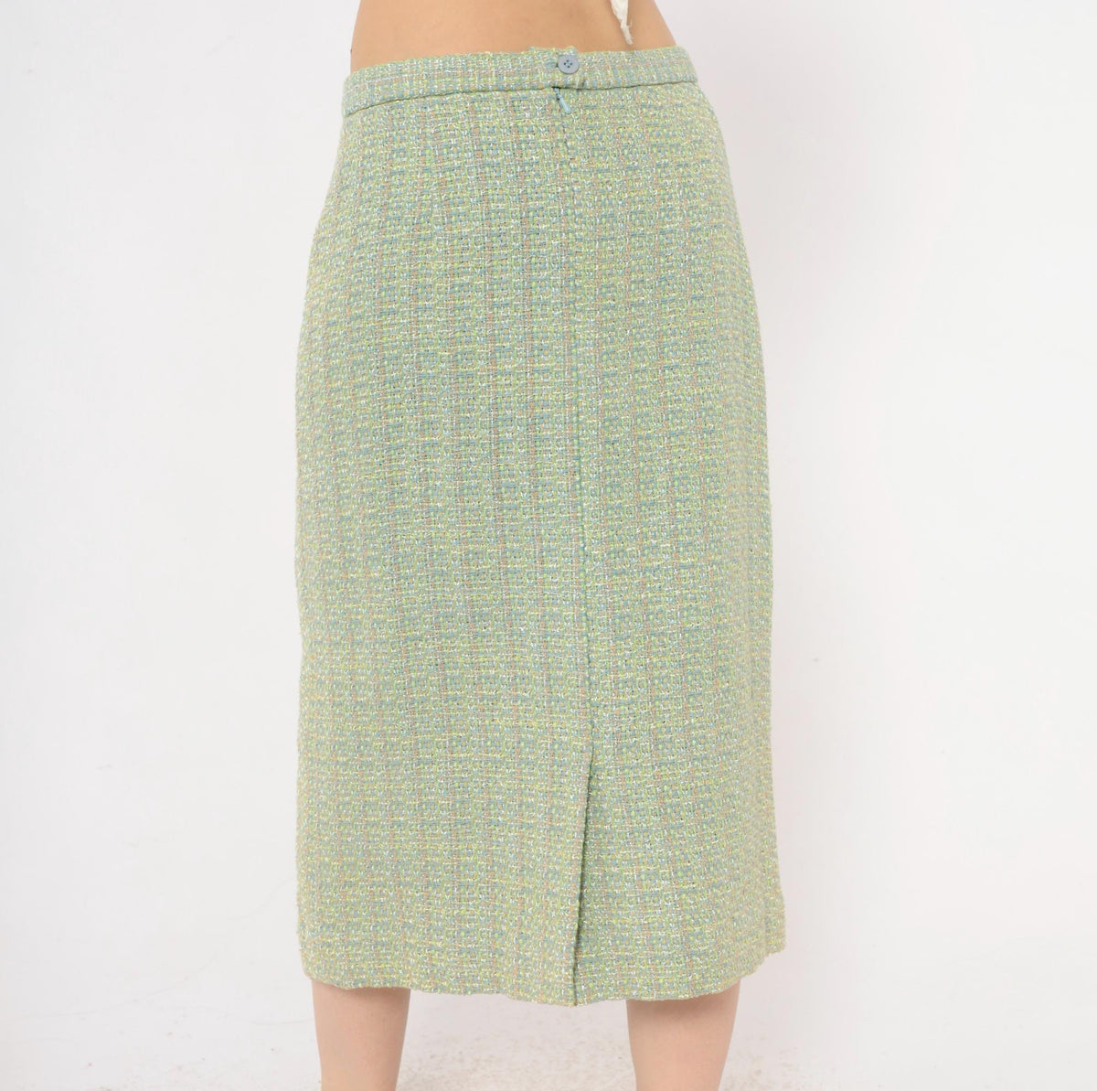 Y2K Green Tweed Midi Skirt Henry Lee Boucle High Waist Pencil Medium M