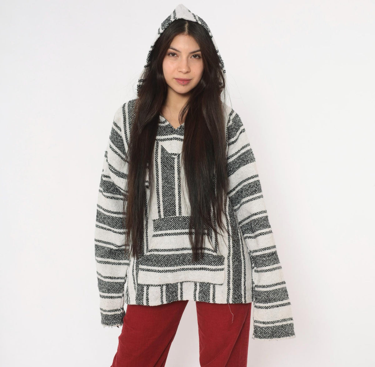 90s Baja Hoodie Black White Striped Woven Pullover Kangaroo Pocket Large L