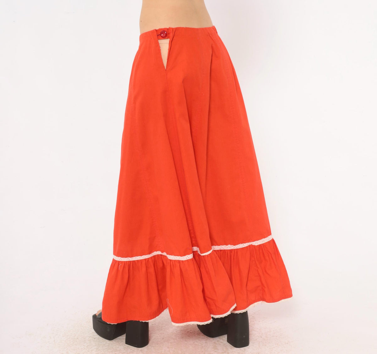 70s Orange Prairie Skirt Tiered Ruffle Eyelet Lace Trim Ankle Length Large