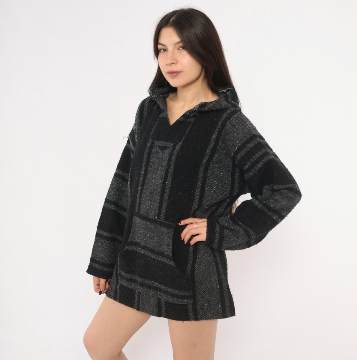 Y2K Peyote Baja Hoodie Black Grey Striped Woven Cotton Kangaroo Pocket Extra Large XL