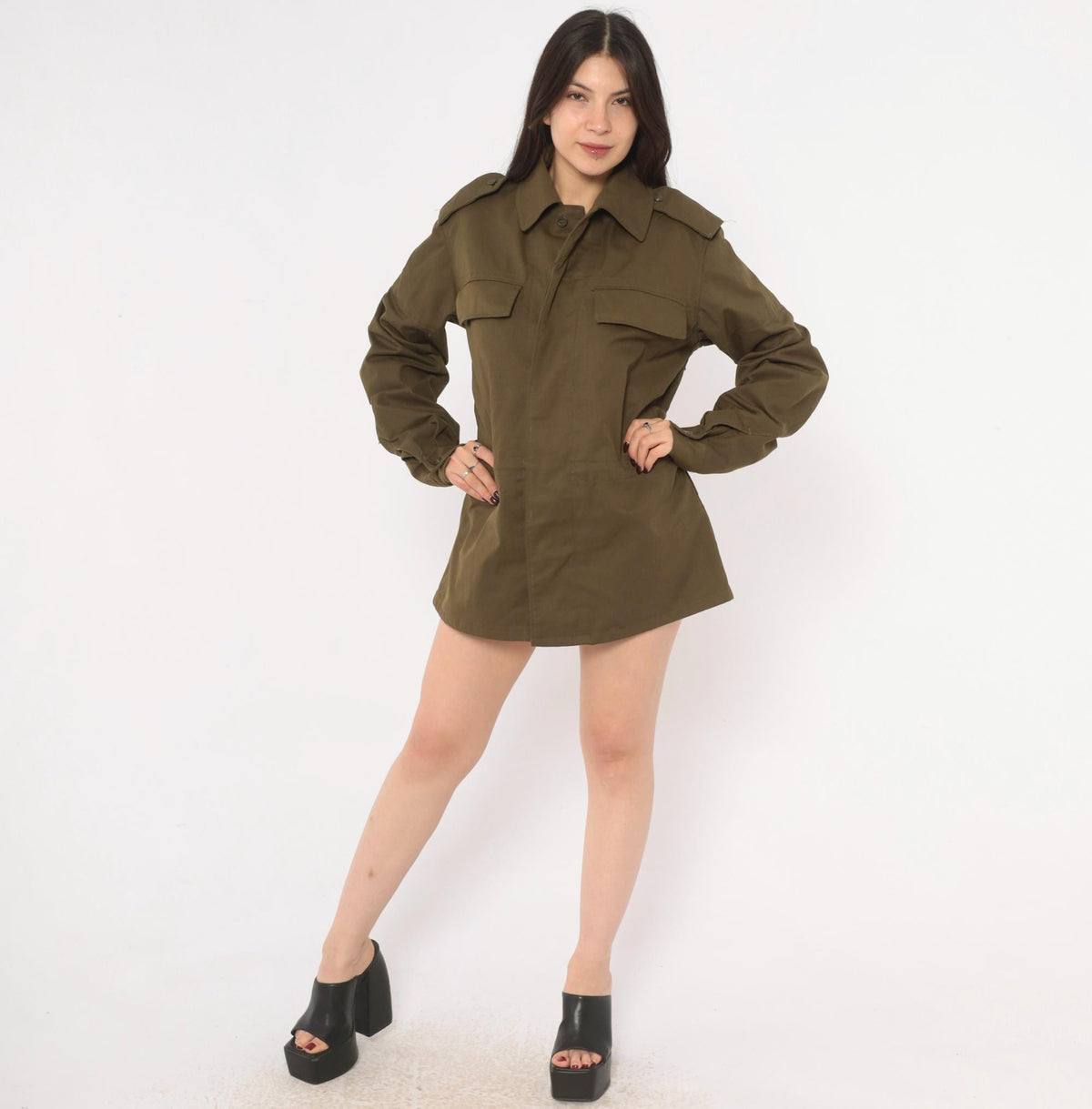 90s Olive Green Military Field Jacket Cotton Button Front Medium