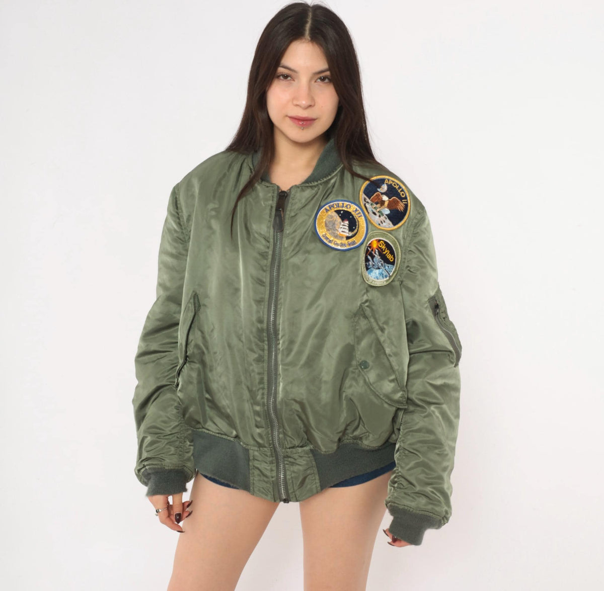90s MA-1 Bomber Jacket Olive Green Reversible Orange Flight Coat Large L