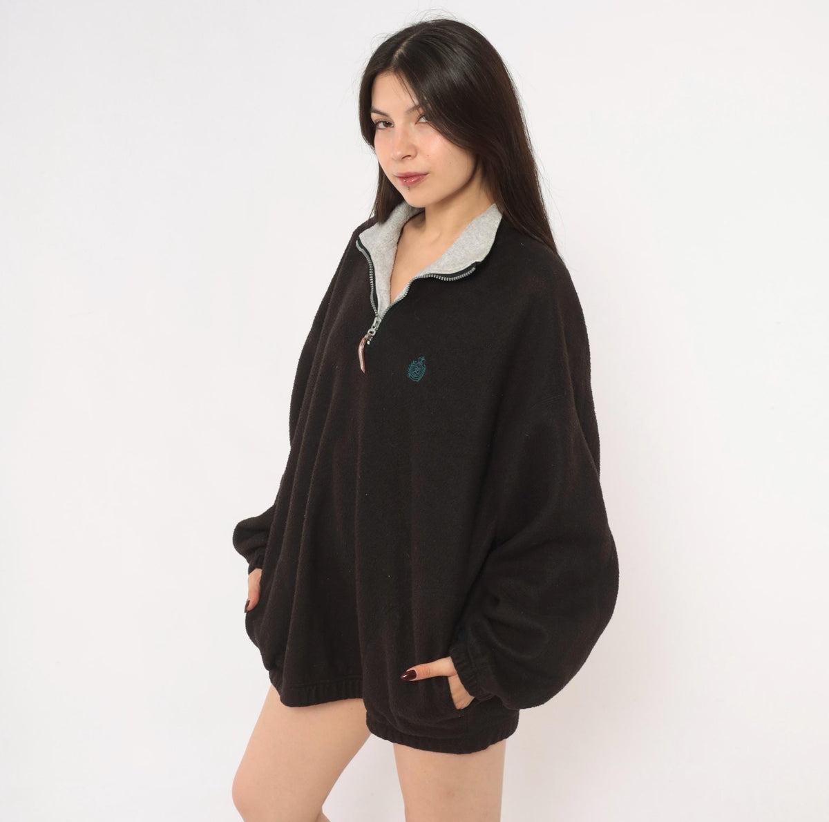 90s Snow Fleece Black Half Zip Pullover Grey Collar Raglan Extra Large XL