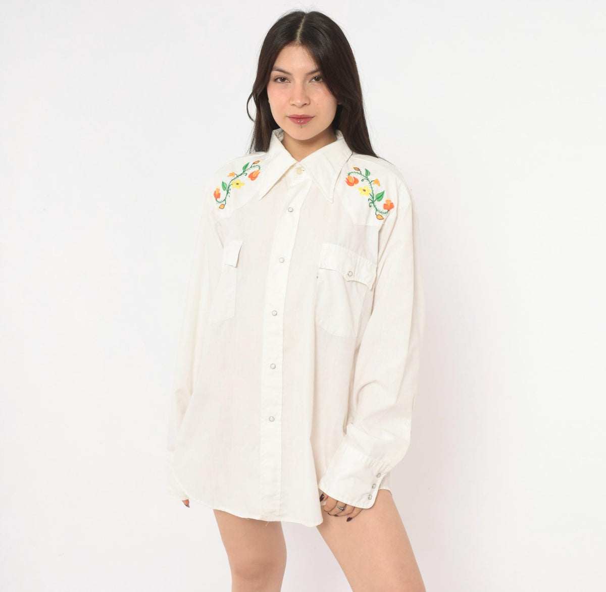 70s Levi's Western Shirt Floral Embroidered Yoke White Pearl Snap Large