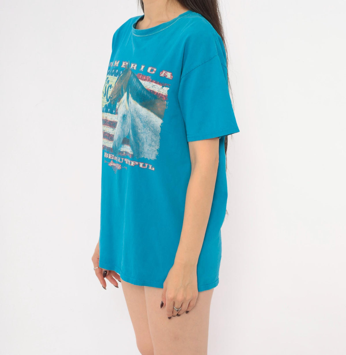 Y2K Horse Graphic Tee Teal Blue American Flag Western Cowgirl Medium M