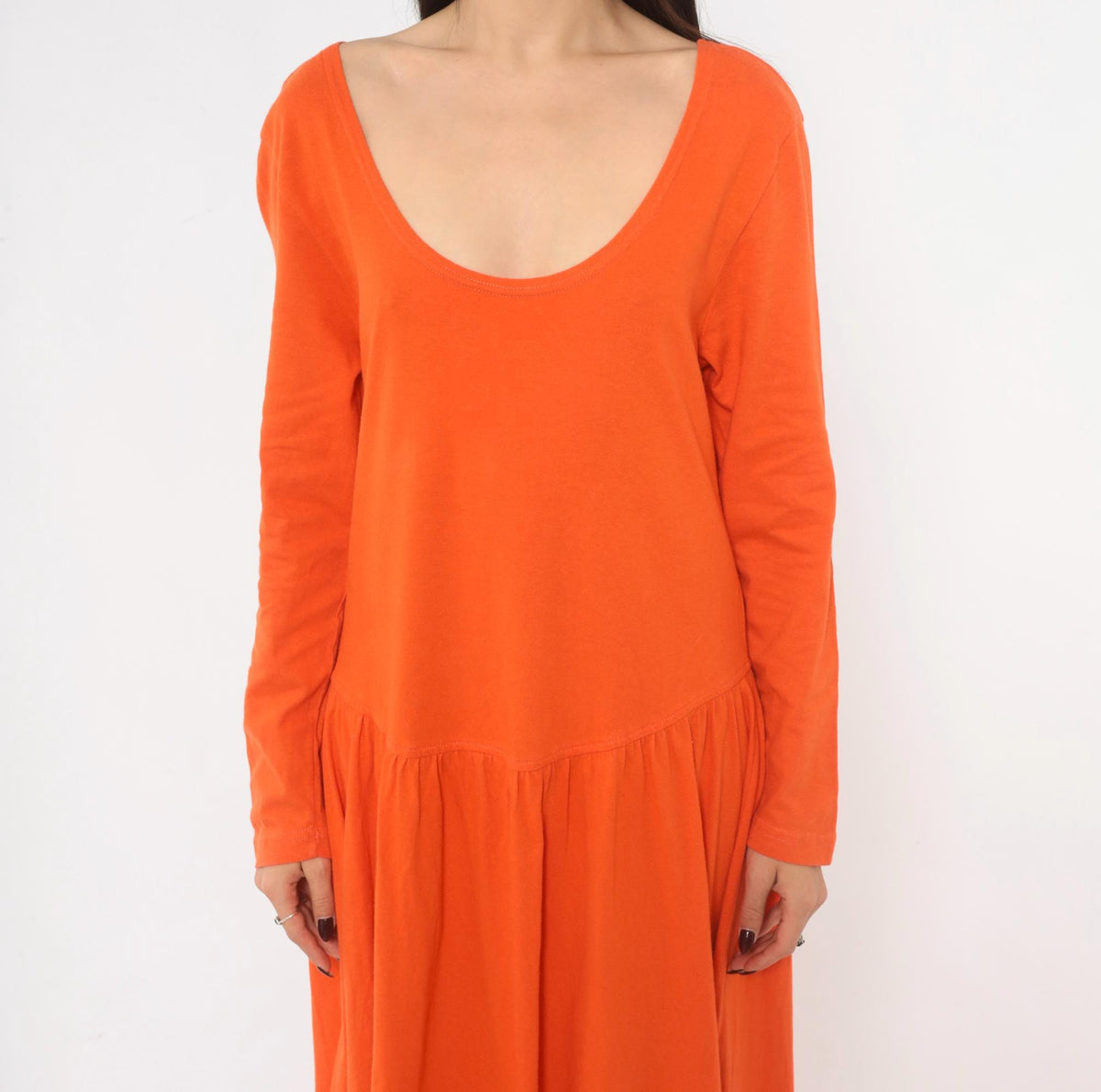 90s Oakbrook Sport Orange Cotton Dress Drop Waist Long Sleeve Medium