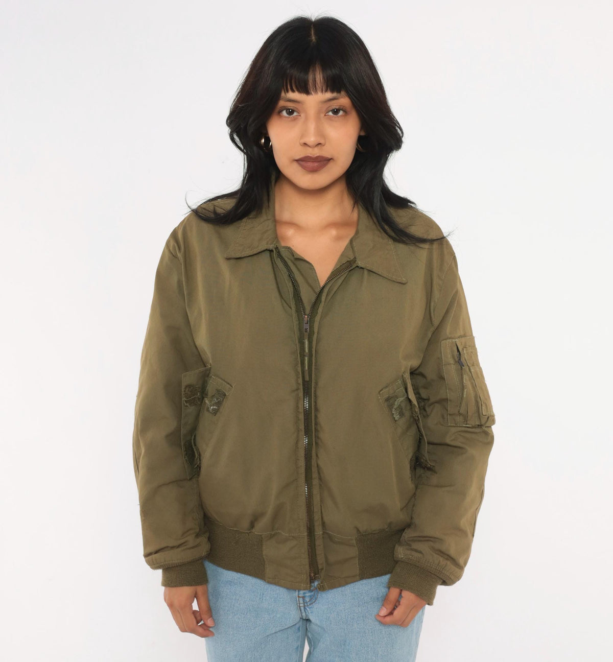 90s Olive Green Military Flight Jacket Bomber Zip Front Medium